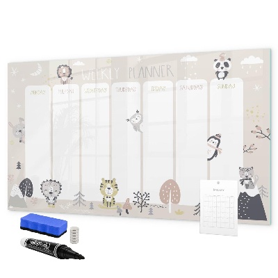 Memobord van glas met print inclusief neodymium magneten Weekplanner met kleurrijke dieren