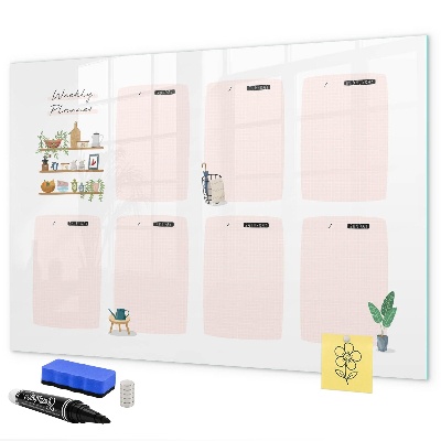 Decoratief glazen wandbord beschrijfbaar en magnetisch Weekplanner met ruimte voor foto's