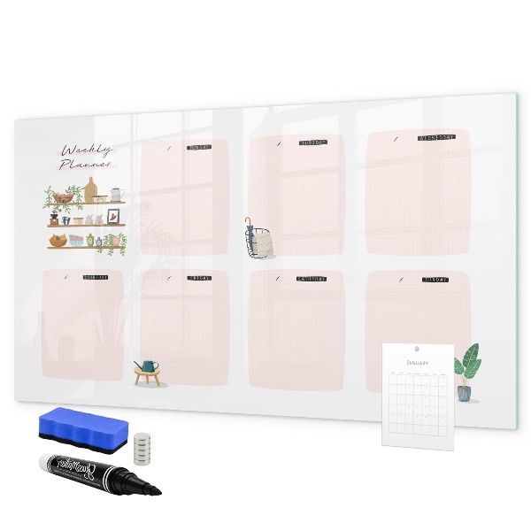Decoratief glazen wandbord beschrijfbaar en magnetisch Weekplanner met ruimte voor foto's