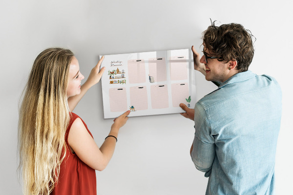 Decoratief glazen wandbord beschrijfbaar en magnetisch Weekplanner met ruimte voor foto's