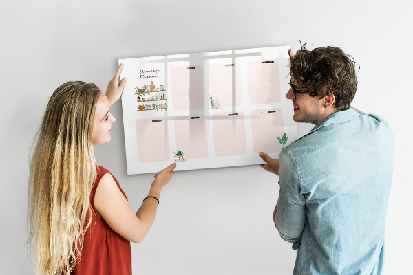 Decoratief glazen wandbord beschrijfbaar en magnetisch Weekplanner met ruimte voor foto's