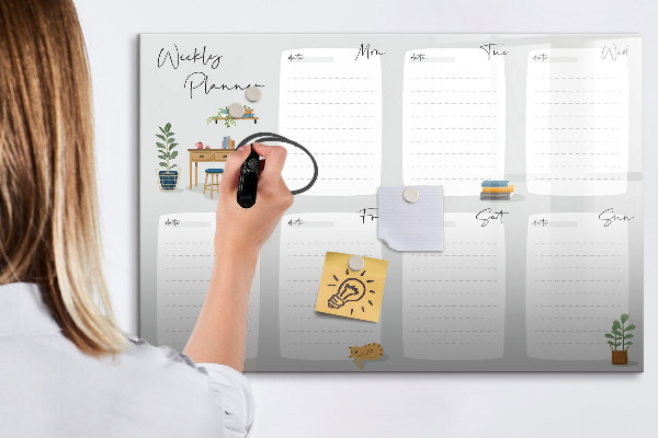 Memobord van glas met print inclusief neodymium magneten Weekplanner met ruimte voor foto's