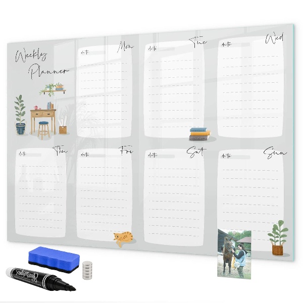 Memobord van glas met print inclusief neodymium magneten Weekplanner met ruimte voor foto's