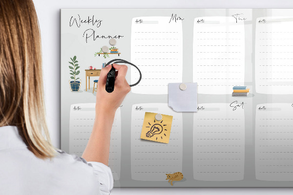 Memobord van glas met print inclusief neodymium magneten Weekplanner met ruimte voor foto's