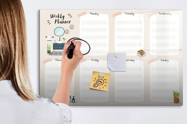 Decoratief glazen wandbord beschrijfbaar en magnetisch Weekplanner met ruimte voor foto's