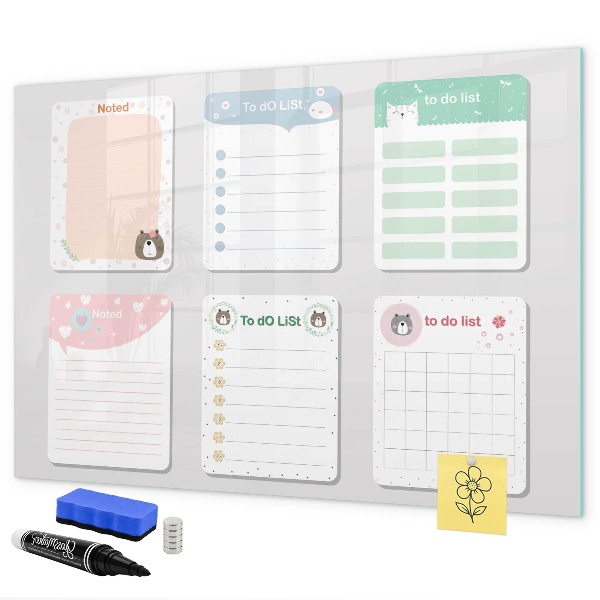 Memobord van glas met print inclusief neodymium magneten Huiswerk- en notitie-organizer