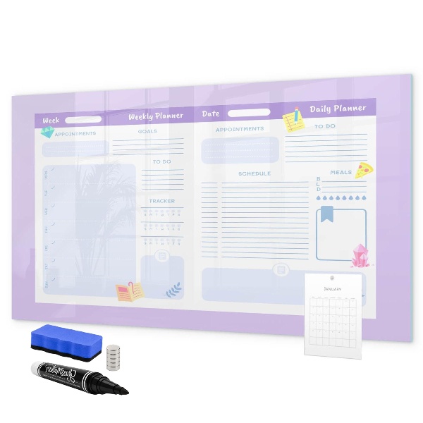 Decoratief glazen wandbord beschrijfbaar en magnetisch Weekplanner met ruimte voor foto's
