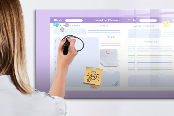 Decoratief glazen wandbord beschrijfbaar en magnetisch Weekplanner met ruimte voor foto's
