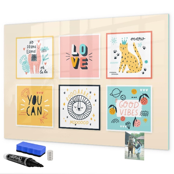 Decoratief glazen wandbord beschrijfbaar en magnetisch Creatieve collages vol positieve emoties