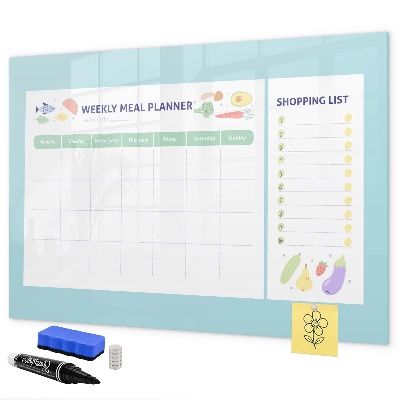 Decoratief glazen wandbord beschrijfbaar en magnetisch Maaltijdplanner en boodschappenlijst