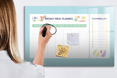 Decoratief glazen wandbord beschrijfbaar en magnetisch Maaltijdplanner en boodschappenlijst