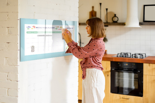 Decoratief glazen wandbord beschrijfbaar en magnetisch Maaltijdplanner en boodschappenlijst
