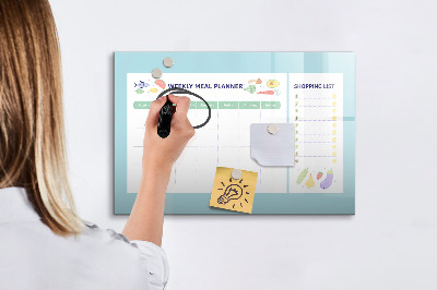 Decoratief glazen wandbord beschrijfbaar en magnetisch Maaltijdplanner en boodschappenlijst