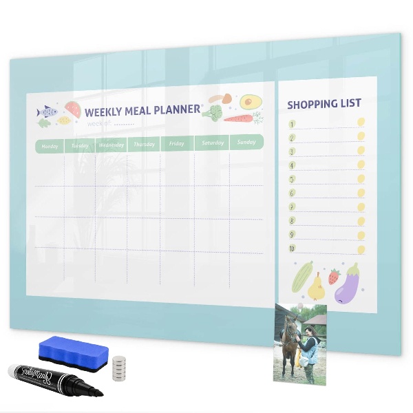 Decoratief glazen wandbord beschrijfbaar en magnetisch Maaltijdplanner en boodschappenlijst