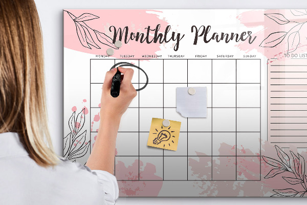 Decoratief glazen wandbord beschrijfbaar en magnetisch Maandplanner met ruimte voor foto's