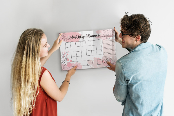 Decoratief glazen wandbord beschrijfbaar en magnetisch Maandplanner met ruimte voor foto's