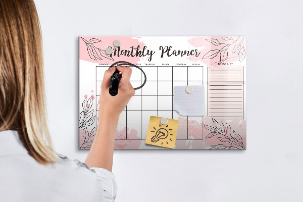 Decoratief glazen wandbord beschrijfbaar en magnetisch Maandplanner met ruimte voor foto's