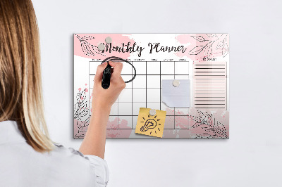 Decoratief glazen wandbord beschrijfbaar en magnetisch Maandplanner met ruimte voor foto's