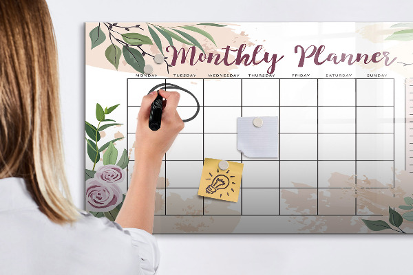 Memobord van glas met print inclusief neodymium magneten Maandplanner met ruimte voor foto's