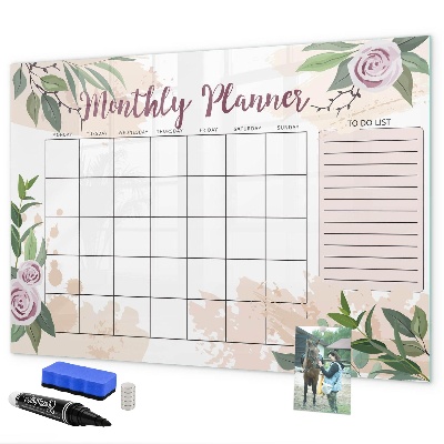 Memobord van glas met print inclusief neodymium magneten Maandplanner met ruimte voor foto's