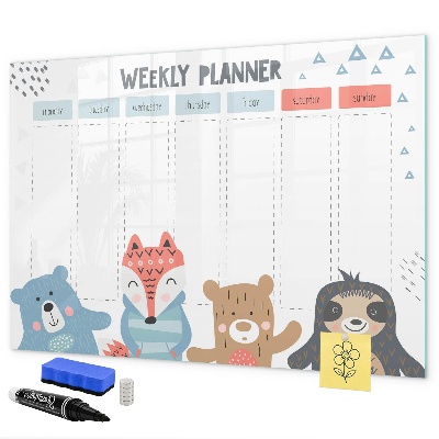 Decoratief glazen wandbord beschrijfbaar en magnetisch Leuke dieren weekplanner