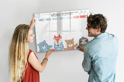 Decoratief glazen wandbord beschrijfbaar en magnetisch Leuke dieren weekplanner