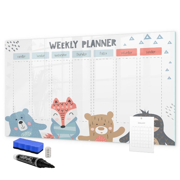Decoratief glazen wandbord beschrijfbaar en magnetisch Leuke dieren weekplanner