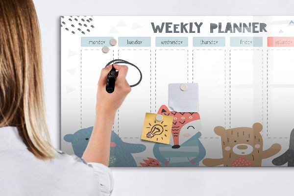 Decoratief glazen wandbord beschrijfbaar en magnetisch Leuke dieren weekplanner