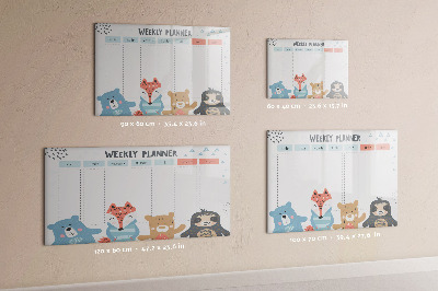 Decoratief glazen wandbord beschrijfbaar en magnetisch Leuke dieren weekplanner
