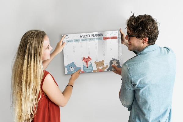 Decoratief glazen wandbord beschrijfbaar en magnetisch Leuke dieren weekplanner