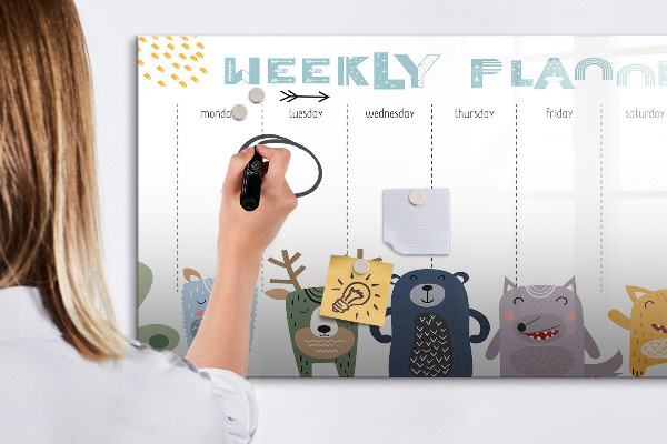 Memobord van glas met print inclusief neodymium magneten Weekplanner met kleurrijke dieren