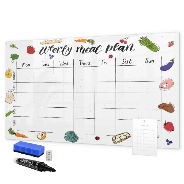 Memobord van glas met print inclusief neodymium magneten Maaltijdplan voor elke week