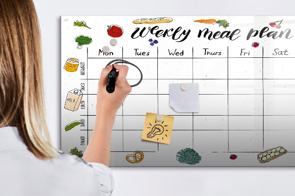 Memobord van glas met print inclusief neodymium magneten Maaltijdplan voor elke week