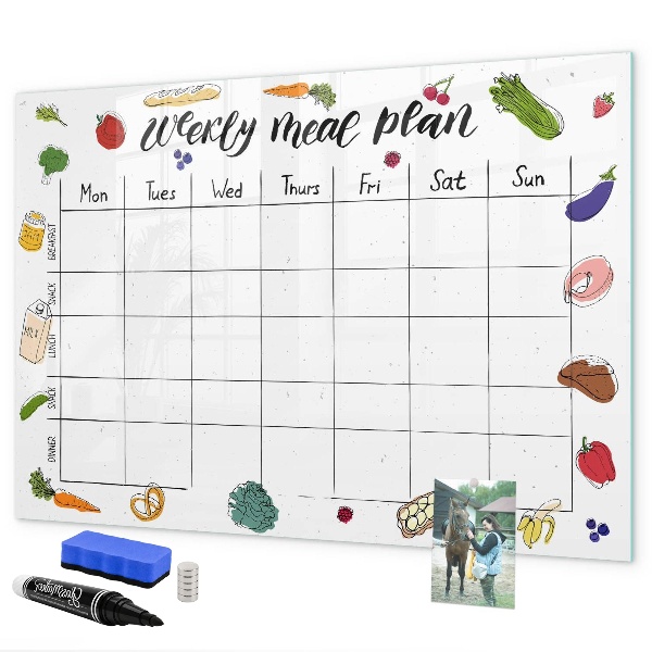 Memobord van glas met print inclusief neodymium magneten Maaltijdplan voor elke week