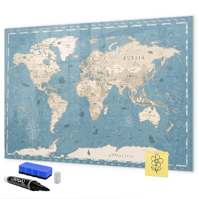 Decoratief glazen wandbord beschrijfbaar en magnetisch Een wereldkaart met persoonlijke herinneringen.