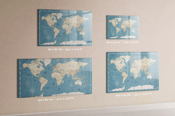 Decoratief glazen wandbord beschrijfbaar en magnetisch Een wereldkaart met persoonlijke herinneringen.