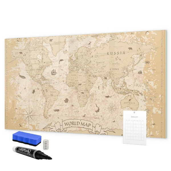 Memobord van glas met print inclusief neodymium magneten Wereldkaart met foto's en accessoires