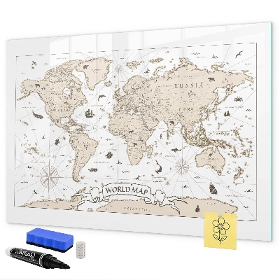 Decoratief glazen wandbord beschrijfbaar en magnetisch Wereldkaart met fotolocaties