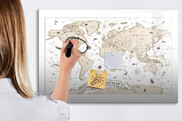 Decoratief glazen wandbord beschrijfbaar en magnetisch Wereldkaart met fotolocaties
