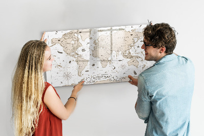 Decoratief glazen wandbord beschrijfbaar en magnetisch Wereldkaart met fotolocaties