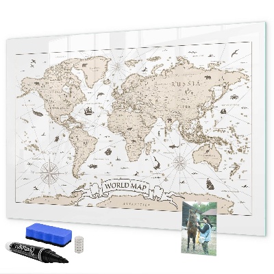 Decoratief glazen wandbord beschrijfbaar en magnetisch Wereldkaart met fotolocaties