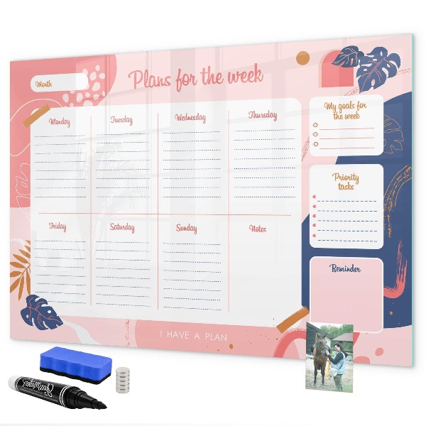 Memobord van glas met print inclusief neodymium magneten Weekplanner met ruimte voor foto's
