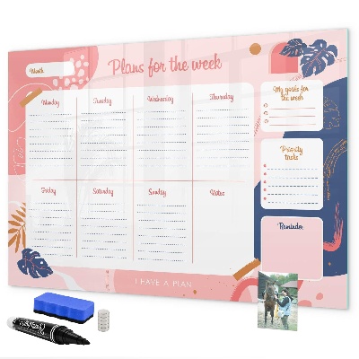 Memobord van glas met print inclusief neodymium magneten Weekplanner met ruimte voor foto's