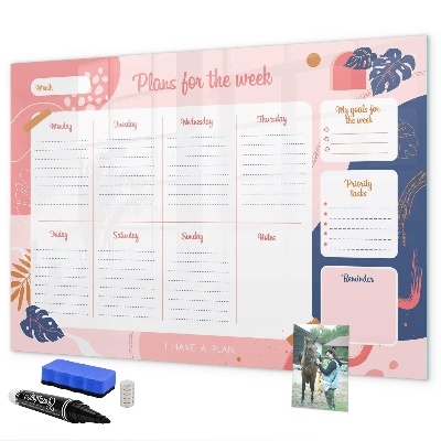 Memobord van glas met print inclusief neodymium magneten Weekplanner met ruimte voor foto's