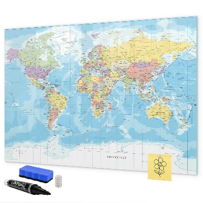 Decoratief glazen wandbord beschrijfbaar en magnetisch Een wereldkaart met persoonlijke herinneringen.