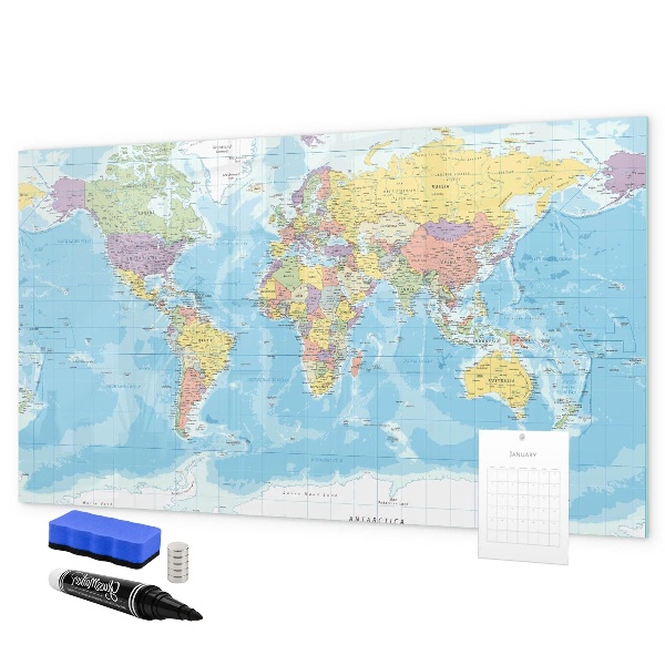 Decoratief glazen wandbord beschrijfbaar en magnetisch Een wereldkaart met persoonlijke herinneringen.