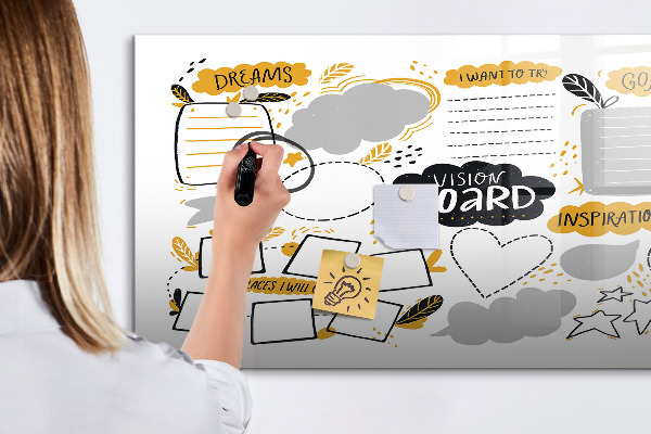 Decoratief glazen wandbord beschrijfbaar en magnetisch Een visionboard om je dromen waar te maken.
