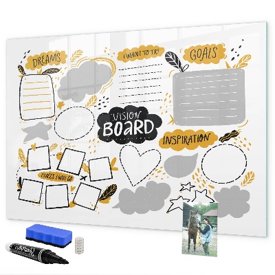 Decoratief glazen wandbord beschrijfbaar en magnetisch Een visionboard om je dromen waar te maken.