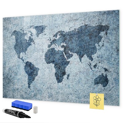 Decoratief glazen wandbord beschrijfbaar en magnetisch Een wereldkaart met persoonlijke herinneringen.