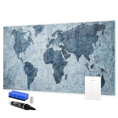 Decoratief glazen wandbord beschrijfbaar en magnetisch Een wereldkaart met persoonlijke herinneringen.
